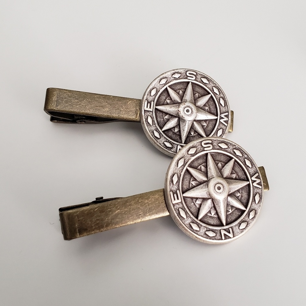 2 Real Brass Compass Tie Clip set